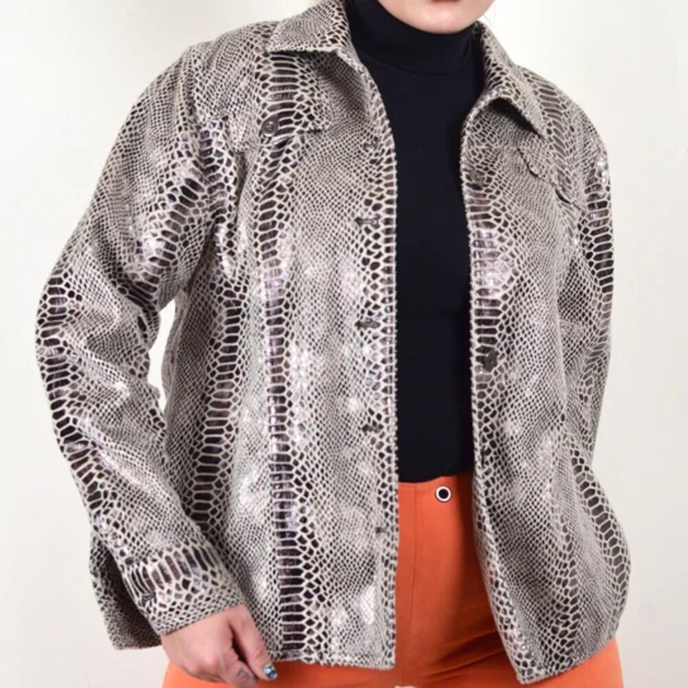 Vintage 90s Alfred Dunner Faux Leather Jacket Plus Size 16W Snake Print Reptile